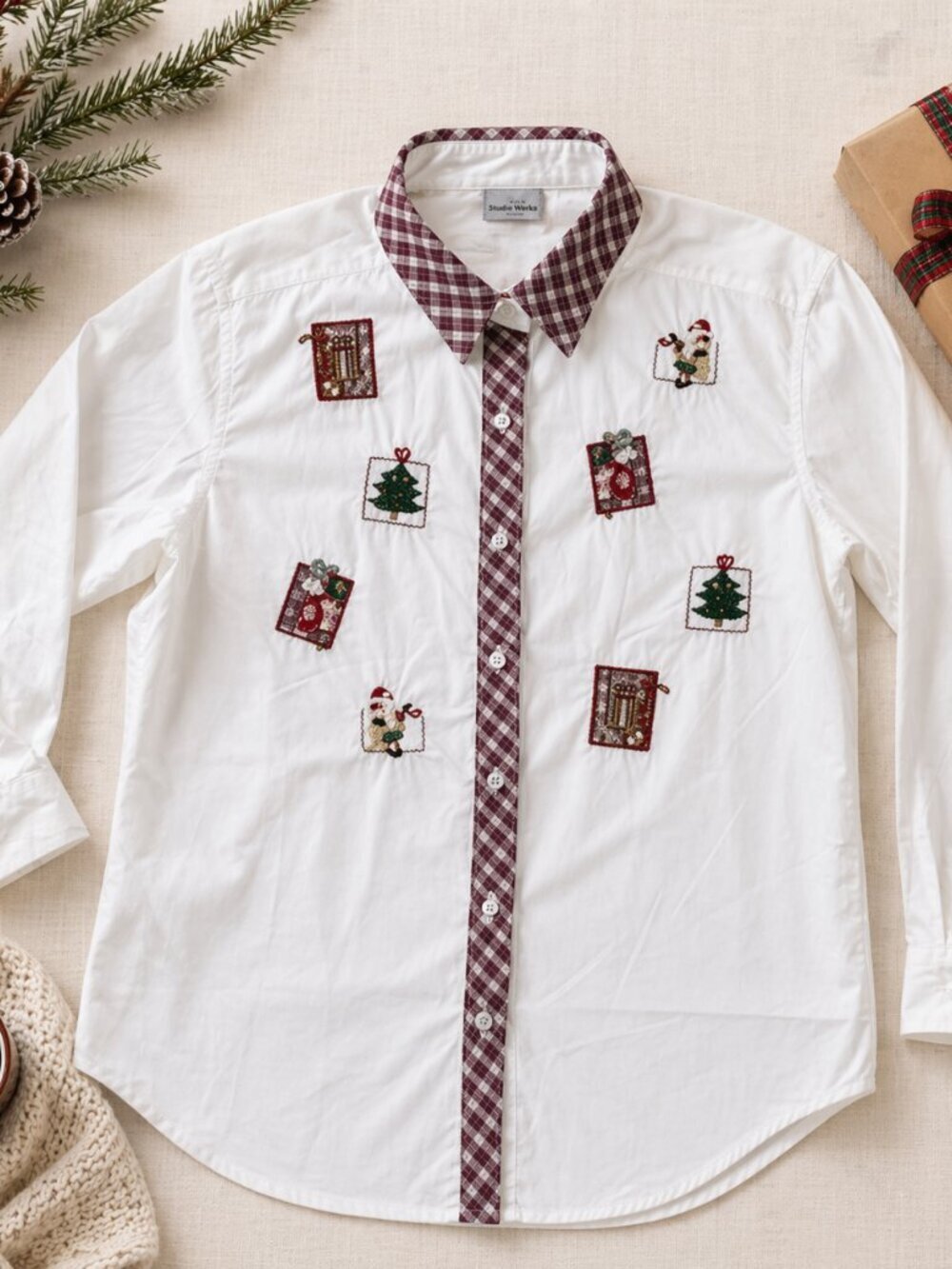 Bobbie Brooks White Plaid Trim Christmas Holiday Shirt Size L